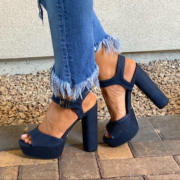 Denim Blue Distressed Towering Platform Sandal - Picture 7 of 12
